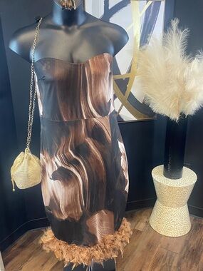 Feather-Hem Strapless Brown Print Cocktail Dress